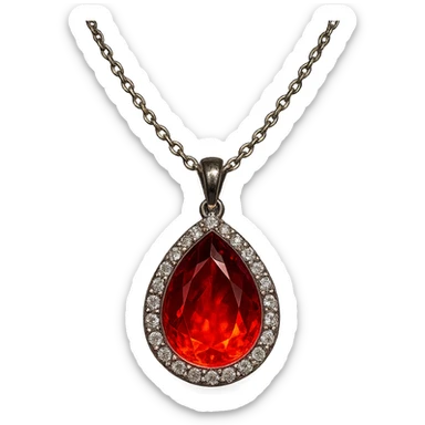 A teardrop-shaped ruby pendant cradled in a delicate silver chain, haloed by shimmering white stones, glowing with fiery red light sticker