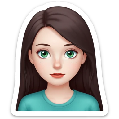 girl with long lashes, dark brown hair with greyish tone, with straight long hair, blue green eyes, in red clothes, with pale skin with freckles, and long lashes  sticker