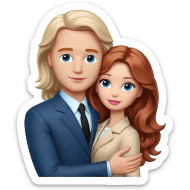 Barbie girl  , eyes blue , Chestnut red long wavy hair In pale beige clothes, Hugs a man with light brown hair bald, brown eyes , and a black suit sticker