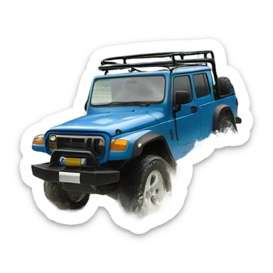 A four-wheel without too much details drive crossing a shallow river in a rainforest, with trees in the background and splashing water, representing versatility and strength. sticker