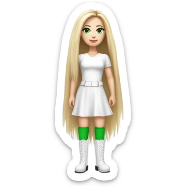 Realistic White girl with Long straight blonde hair, green eyes, tattoos, full body wearing white dress and pink knee-high leather boots, posing sticker