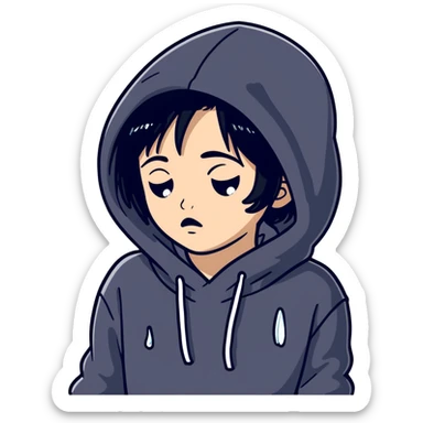 girl with black hair in black hoodie with tears streaming down her face sticker