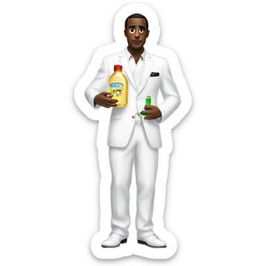 diddy in white suit holding baby oil sticker