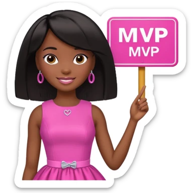 Dark skin Black barbie, short  black bob  hair, pink dress with a sign that says mvp sticker