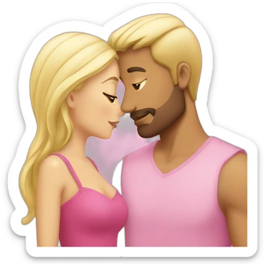 Blond woman in pink kissing brunette man without beard sticker