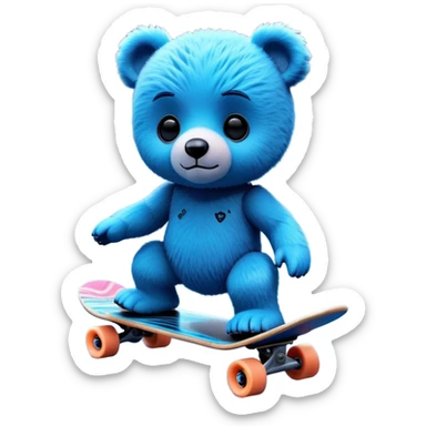 3D, adorable little Pixar style blue neon punk teddy bear on a skateboard, ultra detailed, each lash, eye, and strand of fur is shown in stunning detail as though captured in a timeless photograph, rich textures, visually rich, so lifelike it feels like it could leap off the page at any momen sticker