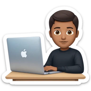 memoji of a man with a laptop in front, apple-style, modern, dark hair, black sweater, Indian brown skin, sitting at his desk, light blue gradient background sticker