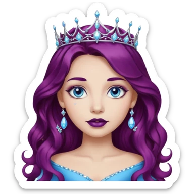 Gorgeous girl with long wavy plum color hair,  diamonds and blue gemstones tiara princess tattoo, dark lipstick, blue eyes  sticker