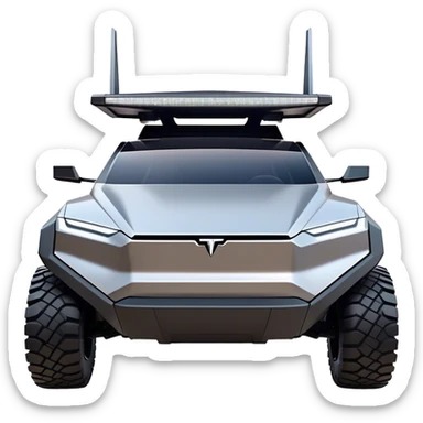 Tesla Cybertruck - A futuristic Tesla Cybertruck, angular and geometric with a sharp, triangular body shape. Stainless steel exoskeleton with a raw, unpainted, brushed-metal finish. A sleek, narrow LED light bar stretches across the entire front. Large, rugged off-road tires with exposed wheel arches. Smooth, handle-free doors and a slanted, armored rear with a retractable tonneau cover. Rear LED strip mirroring the front. The vehicle looks like a sci-fi-inspired, bulletproof stealth tank on wheels, set in a high-tech urban environment at sunset, with reflections on its metallic surface. sticker