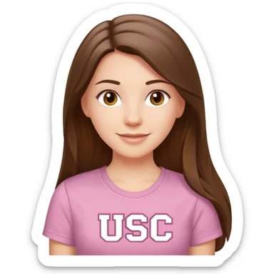 happy white long brunette hair girl with hazel eyes and in a light pink shirt with the letters USC in white sticker