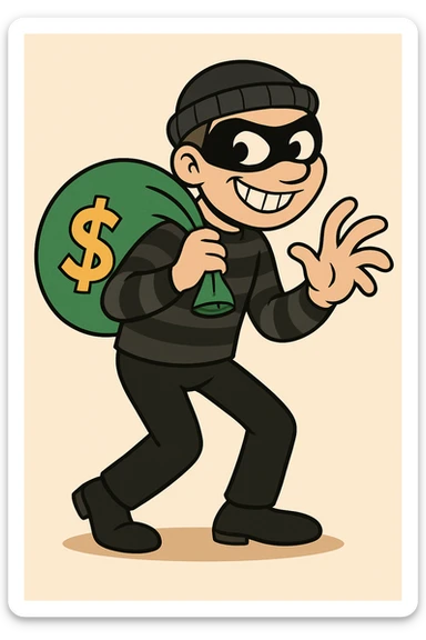 Add a bag of money to the classic burglar character, keeping the same flat toon style with vibrant colors and clear details consistent with the original image. sticker
