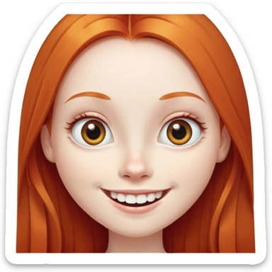 traditional emoji of young girl with very pale skin, long straight bright ginger red hair, very big wide human eyes positioned close together, wide nose, big smile with extremely large prominent teeth showing, classic round face sticker