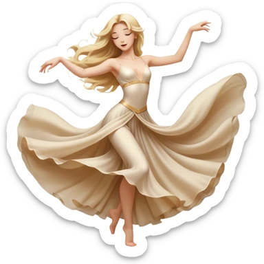 A blonde girl with long hair in a cinematic realistic dancing pose, elegant movements of the dancers, the soft fabric of their outfits flowing to the beat of their movements, spectacular lighting emphasizing graceful lines radiating passion and poise. sticker