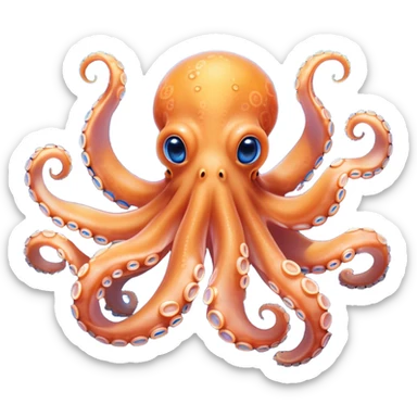 Cinematic Noble smiling Octopus Portrait Emoji, Poised and enchanting, with a light orange body adorned with vibrant blue rings and eight delightfully curling arms with gentle suckers, large sparkling eyes exuding warmth and playfulness, Simplified yet charmingly expressive features, highly detailed, glowing with a soft, magical underwater radiance, high shine, intelligent and irresistibly cute, stylized with an air of whimsical marine enchantment, focused and fluid, soft glowing outline, capturing the essence of a watchful and endearing octopus that appears ready to float out of the screen with delightful charm! sticker
