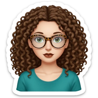 a blue green eyed woman with very very long brunette curly hair, full lips,and pale skin. She is wearing a leopard printed thin round-ish glasses . She is wearing a brown tshirt with a wide neck opening. sticker