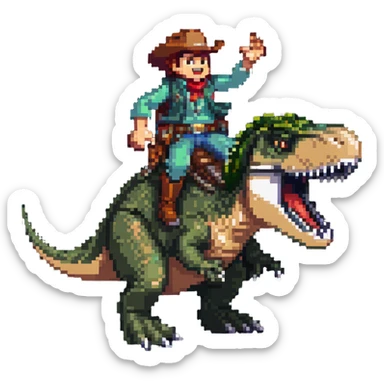 cowboy sliding down the back of a t-rex, dynamic action pose sticker