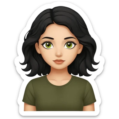 a pretty FAIR indian bratz girl with wavy black hair, wearing a black tee. eyeliner on, olive green eyes.  sticker
