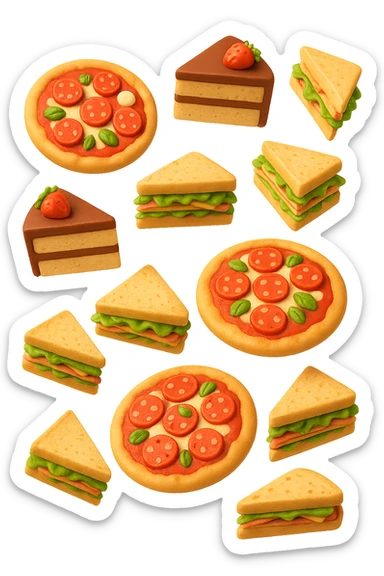pizzette, fette di torta e panini, fluttuano in aria in 3d, sfondo bianco sticker