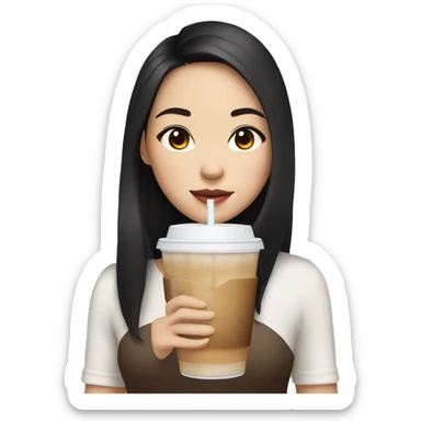 asian girl with fair skin and dark hair, full lips and doe eyes holding an iced coffee sticker