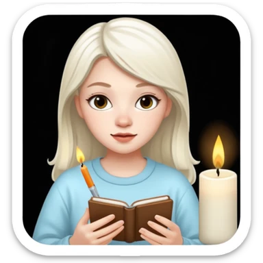 pretty 20-year-old woman with white skin, journaling with scented candle beside her, iPhone memoji style sticker