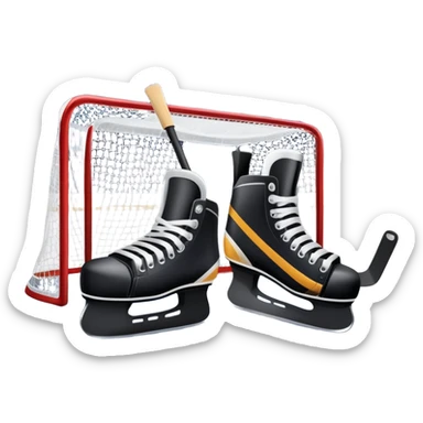 An icon showing a close-up of a hockey stick, puck, skates, and hockey net placed on the ice. The background features a packed stadium with bright lights, cheering fans, and snowy scenery outside. Transparent background highlights the key elements of the game. sticker
