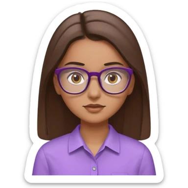 Imagine a pretty girl with slightly light brown skin with big brown eyes and glasses. She has straight long brown hair in a slick back and is wearing a light purple shirt sticker