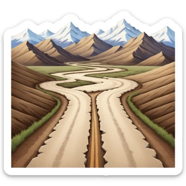 A long STRAIGHT dirt road that disappears into the horizon half way up the screen from the perspective of someone sitting in the middle of the road looking down it. Flat snow fields on both sides of the road with huge looming mountains above the roads horizon line.  sticker