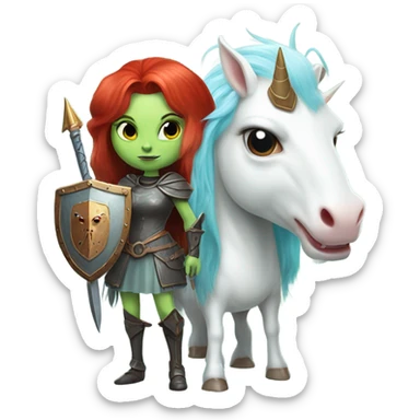 medieval shield: [politically incorrect, (
	{ female, alien, witch, color: light green, hair:red, eyes:cat} ]
	on a 
	[{ unicorn: white, legged:four, mane: light blue }]) sticker