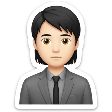 asian young man with mid-long black hair middle part haircut in grey blazer and black t-shirt  sticker