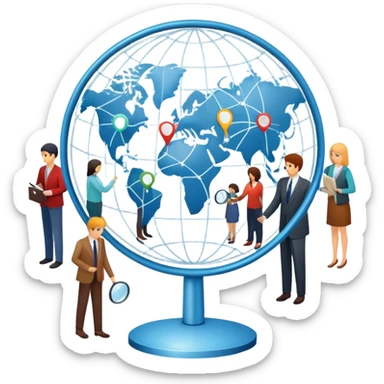 An icon featuring a group of people, a network diagram, and a magnifying glass, symbolizing sociology. The design includes a globe and interconnected lines, representing social structures and relationships. Transparent background highlights the study of societies and human behavior. sticker