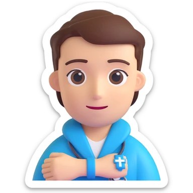 Discord role icon for 'pacientas' patient of a psychiatric clinic, 3D style, #6fe8f3 blue color, featuring medical cross or hospital wristband, modern and clear sticker