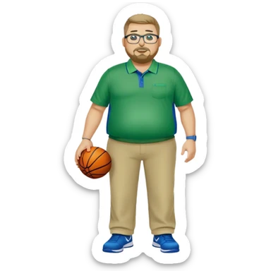  full body white obese male basketball coach with trophy. Goatee , Wearing glasses and blue and green nike polo shirt and khaki pants sticker