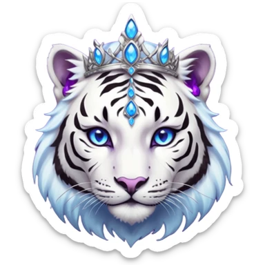 ESO Female white/black tiger khajiit leader of the umbral rose, glowing blue eyes, glowing blue 'third eye' gem; purple gemmed silver tiara sticker