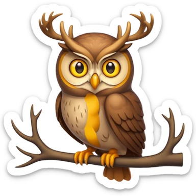 Emoji chouette perchée brun clair, yeux jaunes brillants, bec recourbé, bois de cerf imposants, sagesse et puissance. sticker