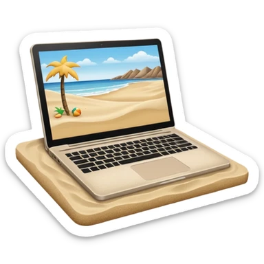  An open laptop in the foreground on the beach. sticker