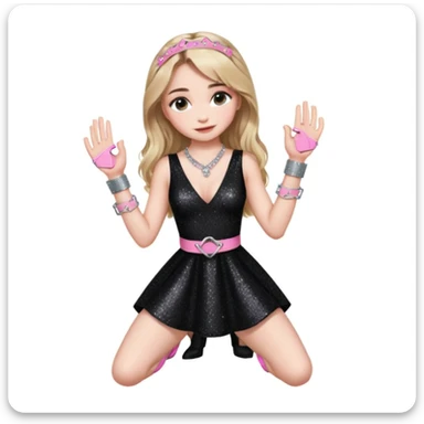 Sabrina carpenter at concert wearing a black sparkly dress with a silver sparkle v neck she is holding up pink handcuffs towards audience and kneeling, blue and red lights setting  sticker