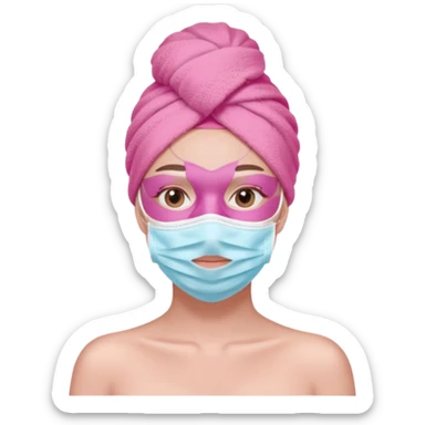 Clean girl influencer character, chest-up portrait, pink head towel, half-face facial mask, minimal self-care look, clean modern illustration sticker