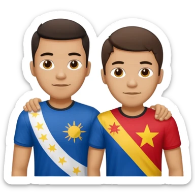 2 male Best buds , one in showing Philipines flag tshirt, one is Spain sticker