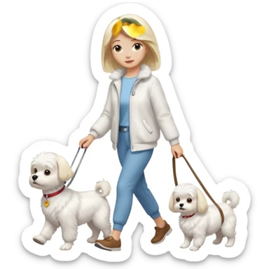 blonde woman wearing white, walking a maltese dog. sticker