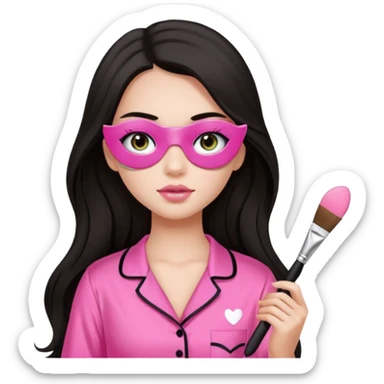Dark long hair girl wearing pink victorias secret sleepwear is holding a makeup brush she also has eye patches white sticker