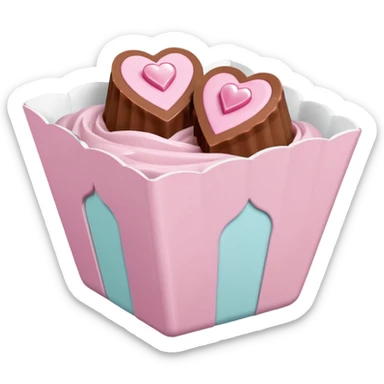 Two sharp-edged square milk chocolate pralines placed diagonally, each in a white fluted paper candy cup, with smooth glossy coating.
Flat thin pastel pink heart icing centered on top with subtle sugar crystal sparkle, clean studio lighting, pure white background, realistic minimal emoji-style. sticker