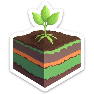 A fresh green leaf resting on the surface of a cross-section of the Earth, where soil and underground layers are visible beneath. Natural lighting, realistic textures. sticker
