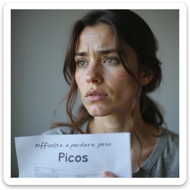 hyperrealistic 4K detailed image of a woman with PCOS, face with acne and chin hair, thin hair, frustrated expression, medical report with the words 'Difficoltà a perdere peso' and 'PCOS' clearly visible, clinical environment sticker