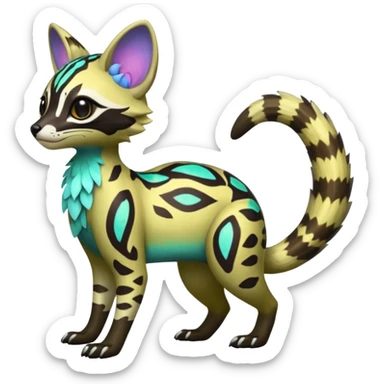 Rare realistic neon-colored iridescent shiny warm-colored lush tropical exotic cute epic pretty beautiful handsome gorgeous aesthetic colorful vibrant Vernid-Protogen-Primagen-Wickerbeast-Genet-Trico-species-Fakemon-hybrid-creature by LiLaiRa, beautiful intricate markings, full body sticker