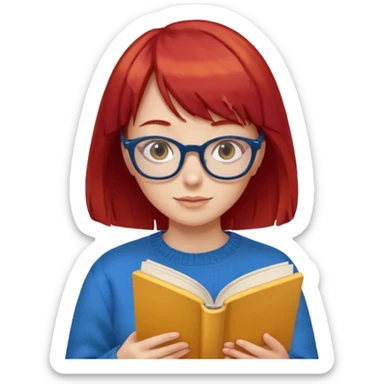 a girl with red hair and bangs with glasses wearing blue sweater reading a yellow cover book sticker