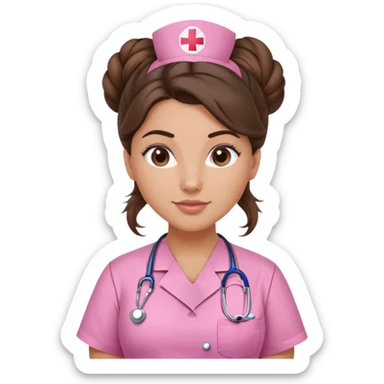 pretty and curvy brunette nurse with long hair in a messy bun in pink scrubs sticker