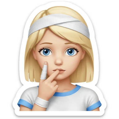 blonde-haired, blue-eyed, fair-skinned girl with her index finger completely covered in a bandage, finger on chin, thinking sticker