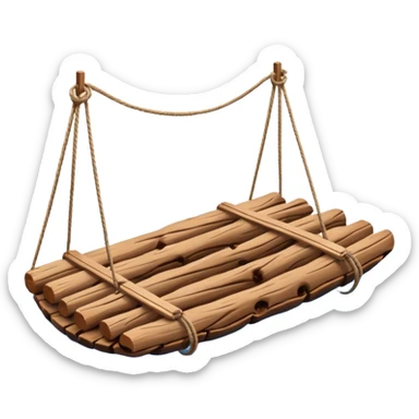 showing a simple wooden raft floating on calm blue water — made of several brown logs tied together with rope — gentle ripples around it — bright, cheerful lighting and soft shadows — minimalist, clean emoji design sticker