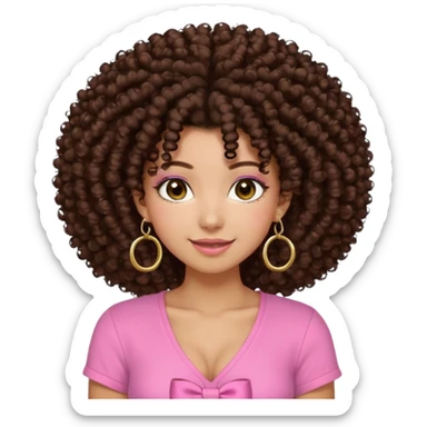 Naturally tan skin girl short darkBrown curly afropink shirt very long lashes hoop gold earrings Brown eyes gyaru smiling closed mouth cute bow hairclip small on the side. V neck pink shirt. Teenager bow on shirt, cleavage sticker