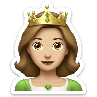 middle age woman with green eyes and shoulder length straight brown hair wearing a gold princess crown sticker